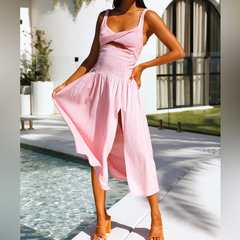 Shareen Collections Pink Cutout Smocked Midi Dress- SIZE 8